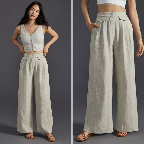 Anthropologie Sovere Instance High Waist Wide Leg Oatmeal Pleated Linen Pants L - Picture 1 of 14